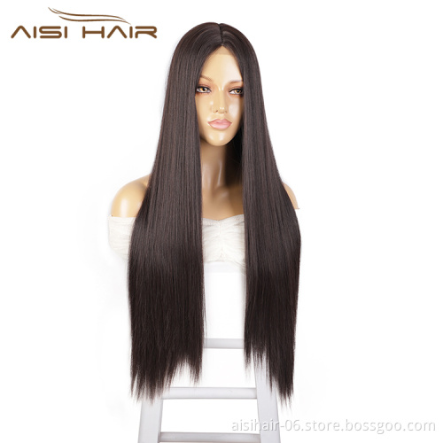 Aisi Hair 30 Inch Long Silky Straight Brown Wig Middle Part Swiss Lace Wigs Synthetic Lace Front Hair Wigs For Black Women